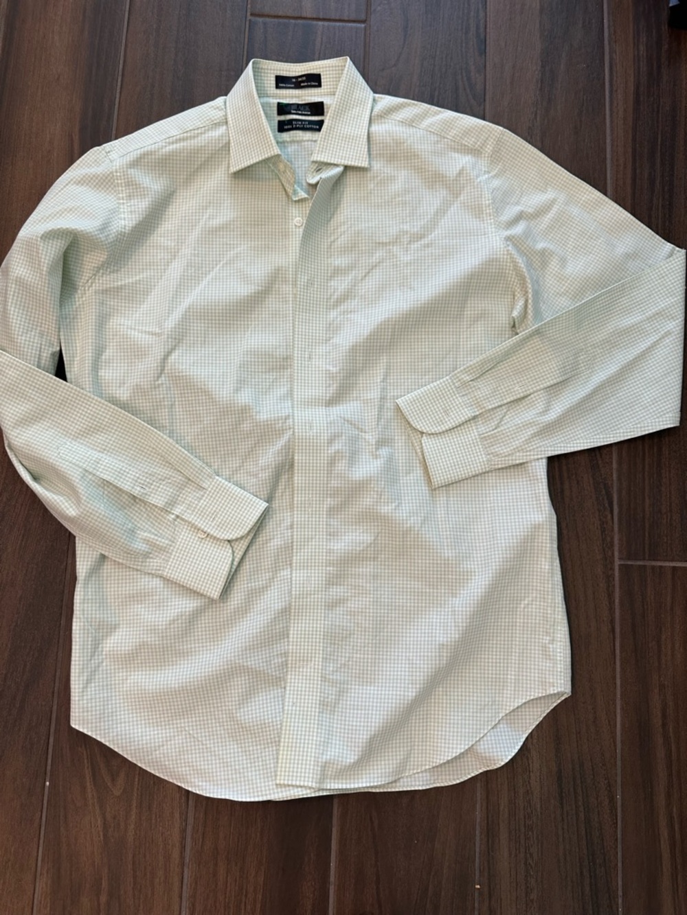 Black Saks Fifth Avenue Light Green Micro-Check Dress Shirt 16-34/35 slim fit